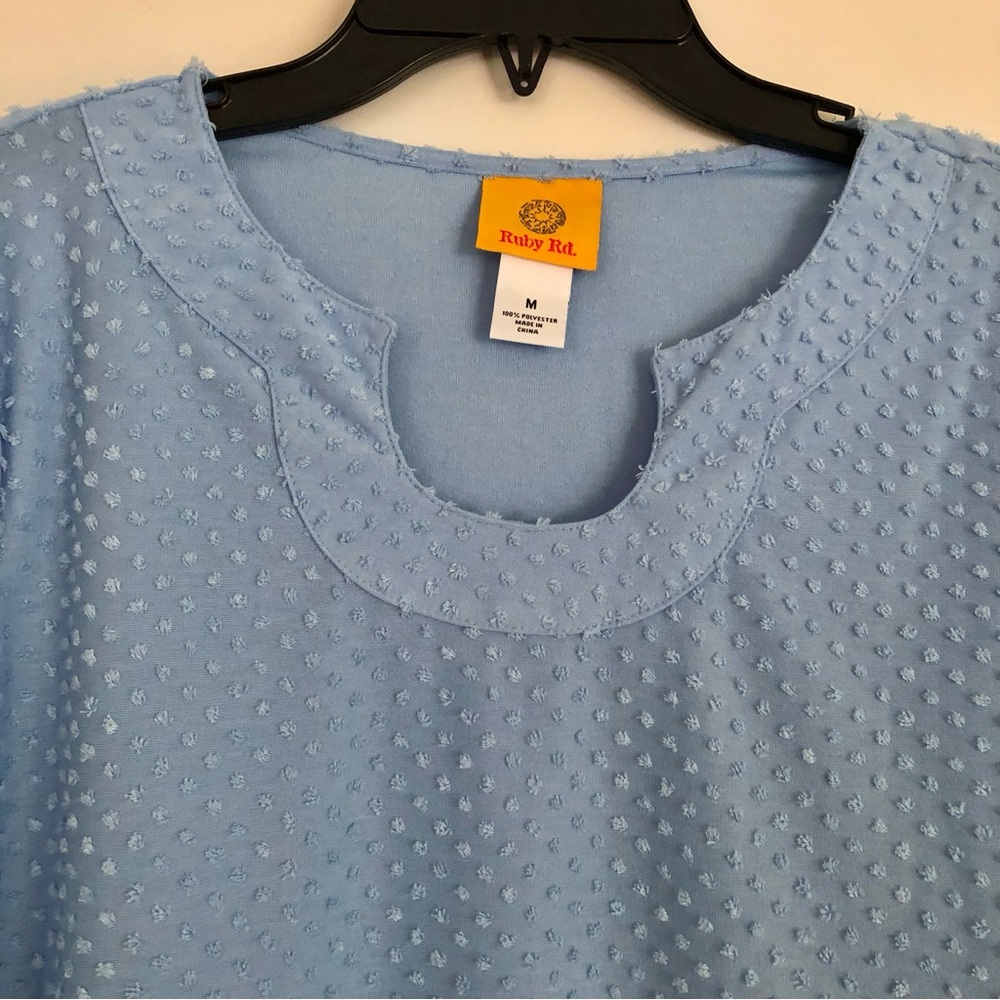 Ruby Rd.  Horseshoe Neck Blue Swiss Dot 3/4 Lantern Sleeve Size Medium Fresh Tak - Picture 4 of 9